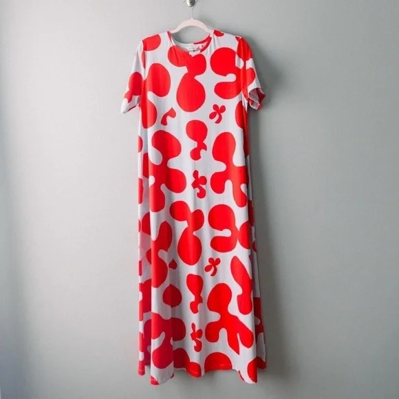 Marimekko - Bold Print - Long T Shirt Dress - Red & Light Blue - Size Large - Picture 1 of 6